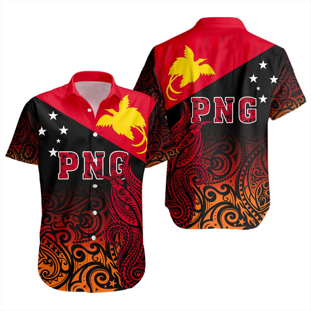 Papua New Guinea Short Sleeve Shirt Tribal Tattoo Bird PNG Design Gradient Style