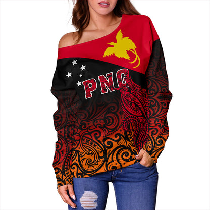 Papua New Guinea Off Shoulder Sweatshirt Tribal Tattoo Bird PNG Design Gradient Style