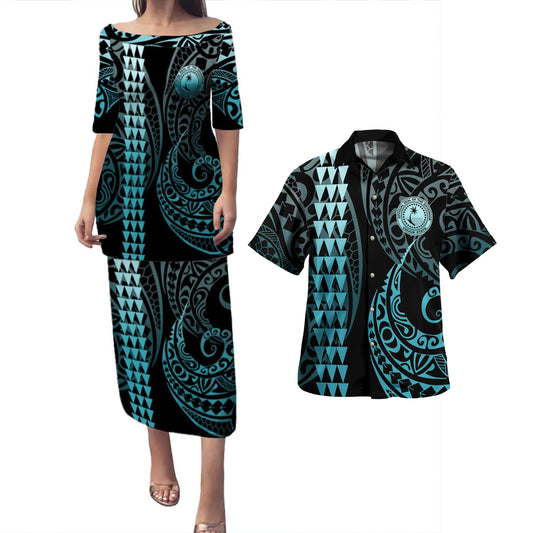 Chuuk State Combo Puletasi And Shirt Kakau Style Turquoise