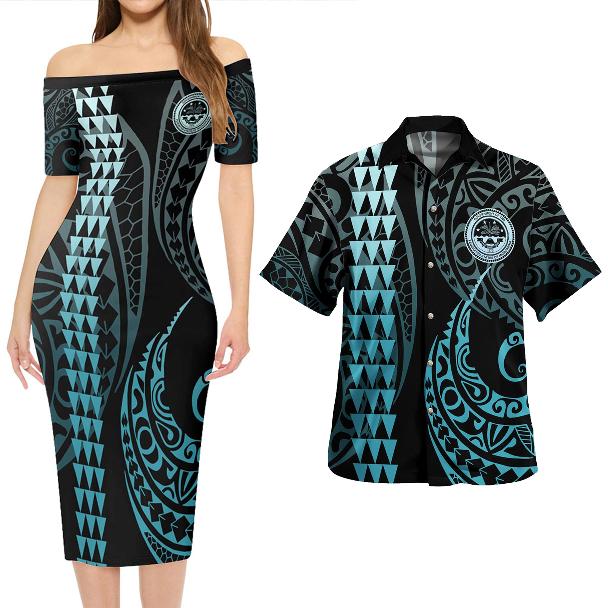 Federated States Of Micronesia Combo Short Sleeve Dress And Shirt Kakau Style Turquoise