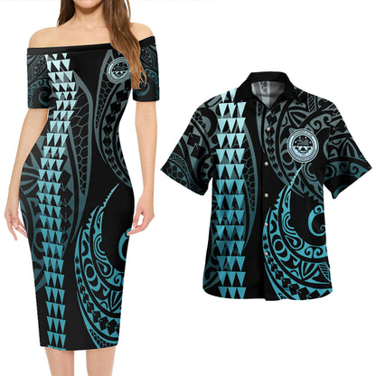 Federated States Of Micronesia Combo Short Sleeve Dress And Shirt Kakau Style Turquoise