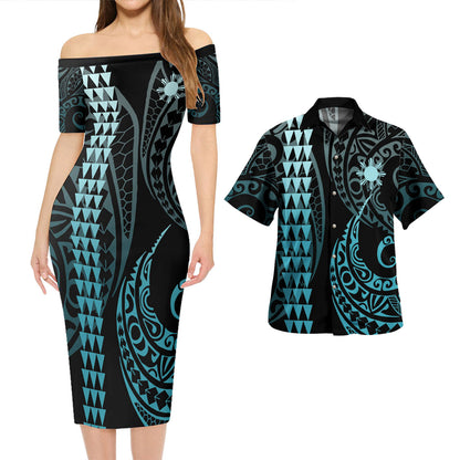 Philippines Filipinos Combo Short Sleeve Dress And Shirt Kakau Style Turquoise