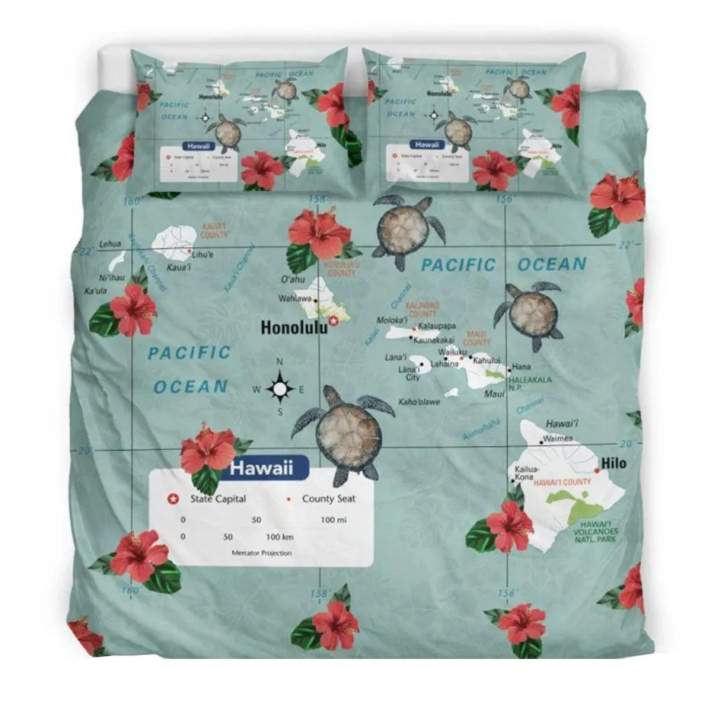 Hawaii Duvet Cover Set - Hawaii Turtle And Map Hawaii