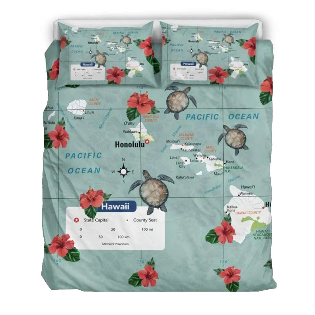 Hawaii Duvet Cover Set - Hawaii Turtle And Map Hawaii