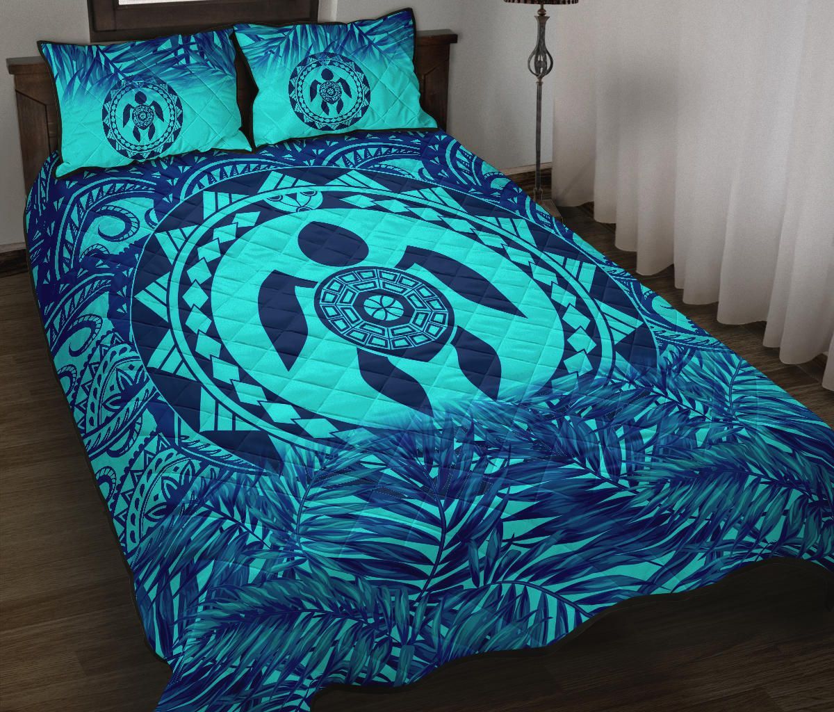 Polynesian Quilt Bed Set - Dark Blue Turtle Palm Torquoise Version