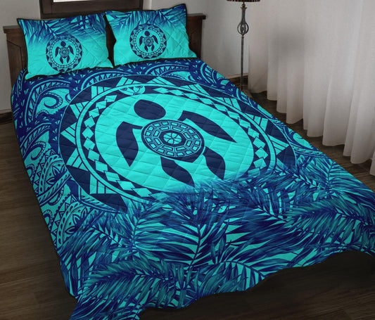 Polynesian Quilt Bed Set - Dark Blue Turtle Palm Torquoise Version