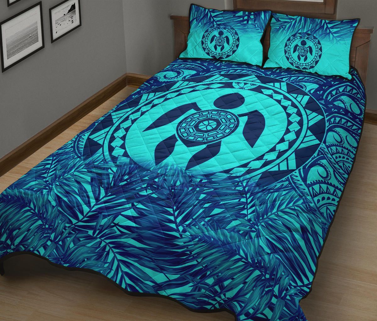 Polynesian Quilt Bed Set - Dark Blue Turtle Palm Torquoise Version