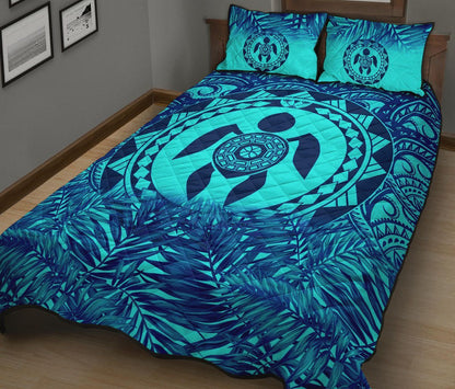 Polynesian Quilt Bed Set - Dark Blue Turtle Palm Torquoise Version