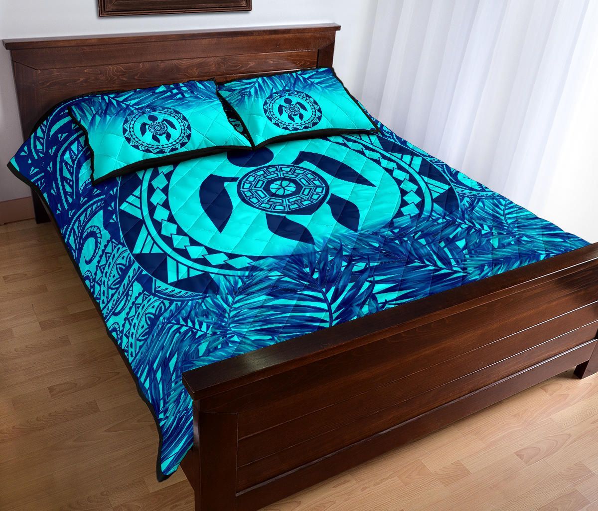 Polynesian Quilt Bed Set - Dark Blue Turtle Palm Torquoise Version