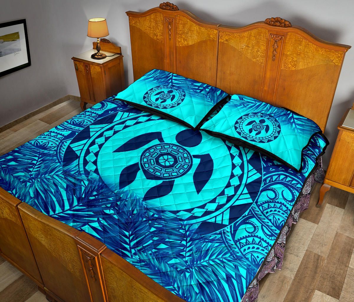 Polynesian Quilt Bed Set - Dark Blue Turtle Palm Torquoise Version