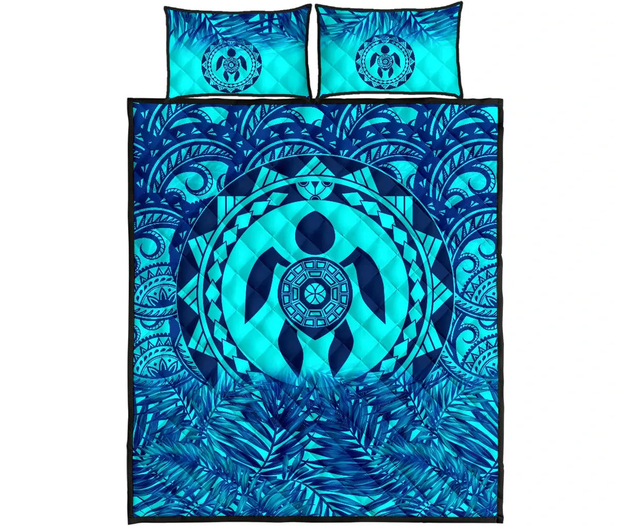 Polynesian Quilt Bed Set - Dark Blue Turtle Palm Torquoise Version