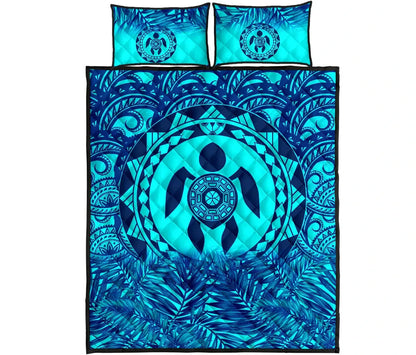 Polynesian Quilt Bed Set - Dark Blue Turtle Palm Torquoise Version
