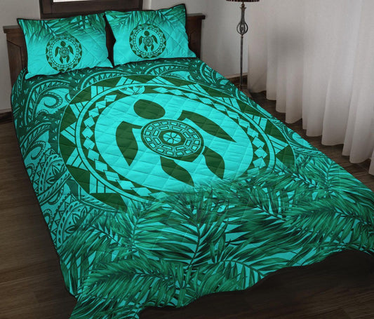Polynesian Quilt Bed Set - Green Turtle Palm Torquoise Version