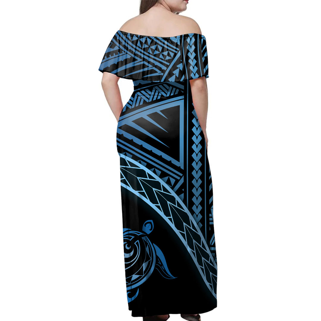 Hawaii Woman Off Shoulder Long Dress Turtle Polynesian Tribal