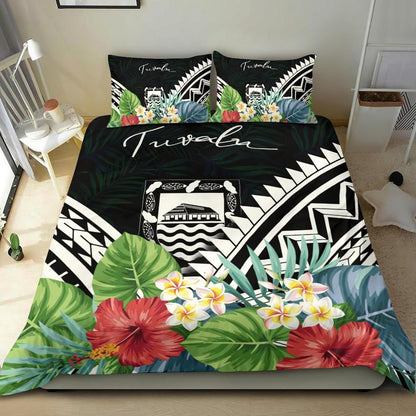 Tuvalu Bedding Set - Tuvalu Coat Of Arms & Polynesian Tropical Flowers White