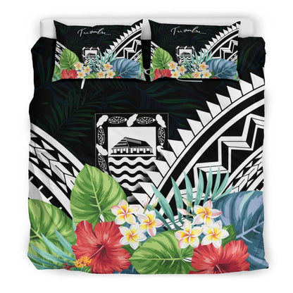 Tuvalu Bedding Set - Tuvalu Coat Of Arms & Polynesian Tropical Flowers White
