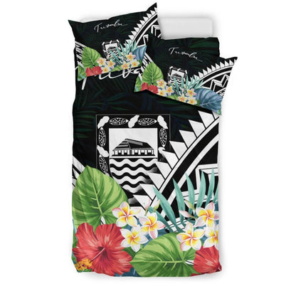 Tuvalu Bedding Set - Tuvalu Coat Of Arms & Polynesian Tropical Flowers White