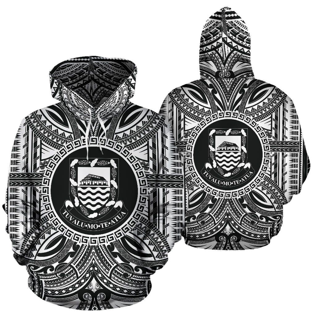 Tuvalu ll Over Hoodie - Tuvalu Coat Of rms Polynesian White Black