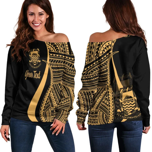 Tuvalu Custom Personalised Women Off Shoulder Sweater - Gold Polynesian Tentacle Tribal Pattern