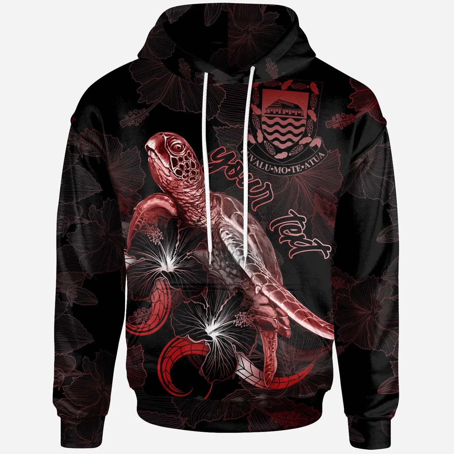 Tuvalu Custom Personalized Polynesian Hoodie - Turtle With Blooming Hibiscus Red