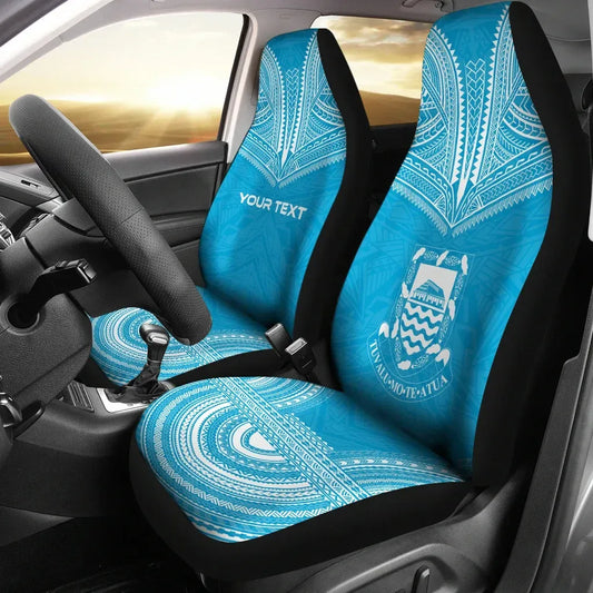 Tuvalu Custom Personalised Car Seat Cover - Tuvalu Coat Of Arms Polynesian Chief Tattoo Blue Version