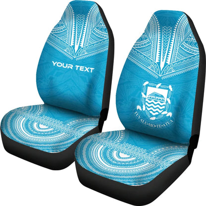 Tuvalu Custom Personalised Car Seat Cover - Tuvalu Coat Of Arms Polynesian Chief Tattoo Blue Version