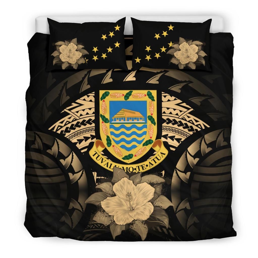Tuvalu Duvet Cover Set - Tuvalu Coat Of Arms & Gold Hibiscus