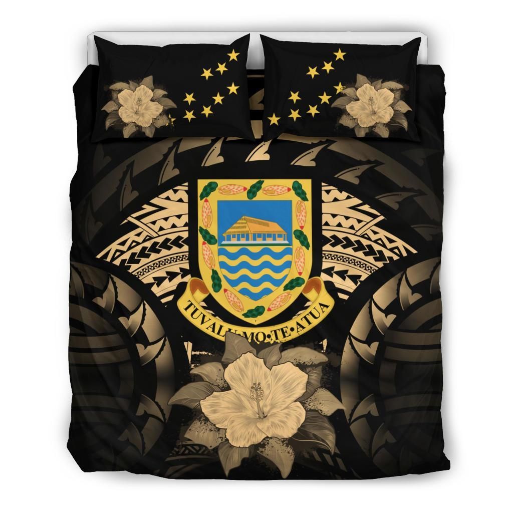 Tuvalu Duvet Cover Set - Tuvalu Coat Of Arms & Gold Hibiscus