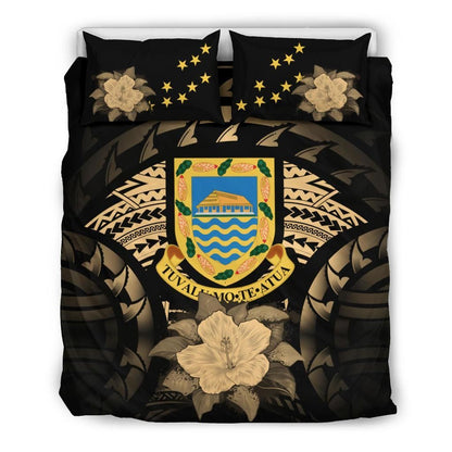 Tuvalu Duvet Cover Set - Tuvalu Coat Of Arms & Gold Hibiscus