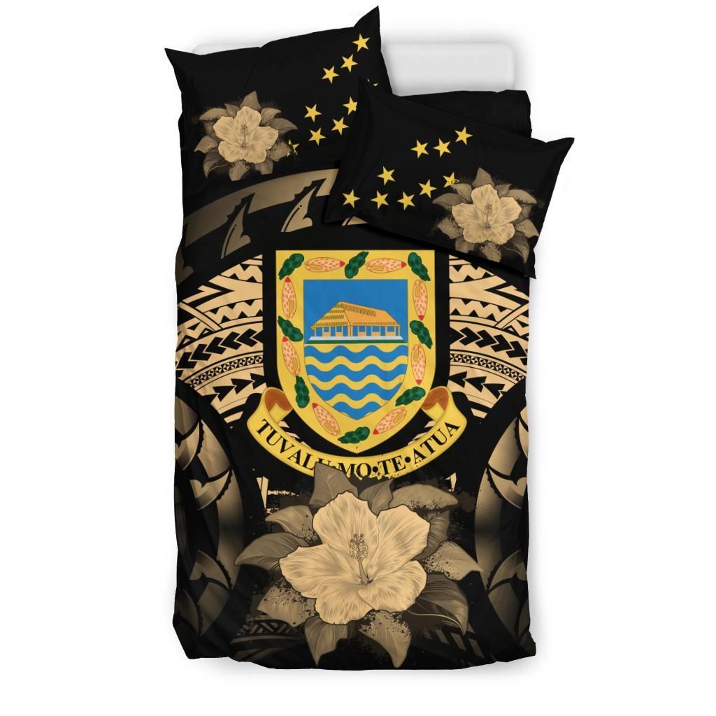 Tuvalu Duvet Cover Set - Tuvalu Coat Of Arms & Gold Hibiscus