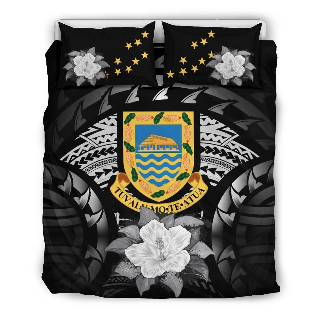 Tuvalu Duvet Cover Set - Tuvalu Coat Of Arms & Gray Hibiscus