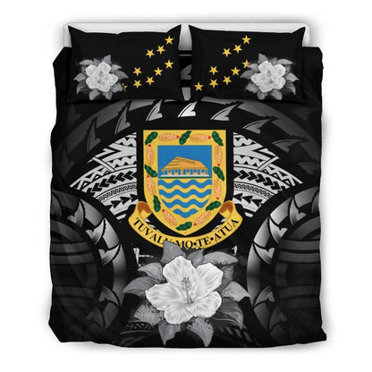 Tuvalu Duvet Cover Set - Tuvalu Coat Of Arms & Gray Hibiscus