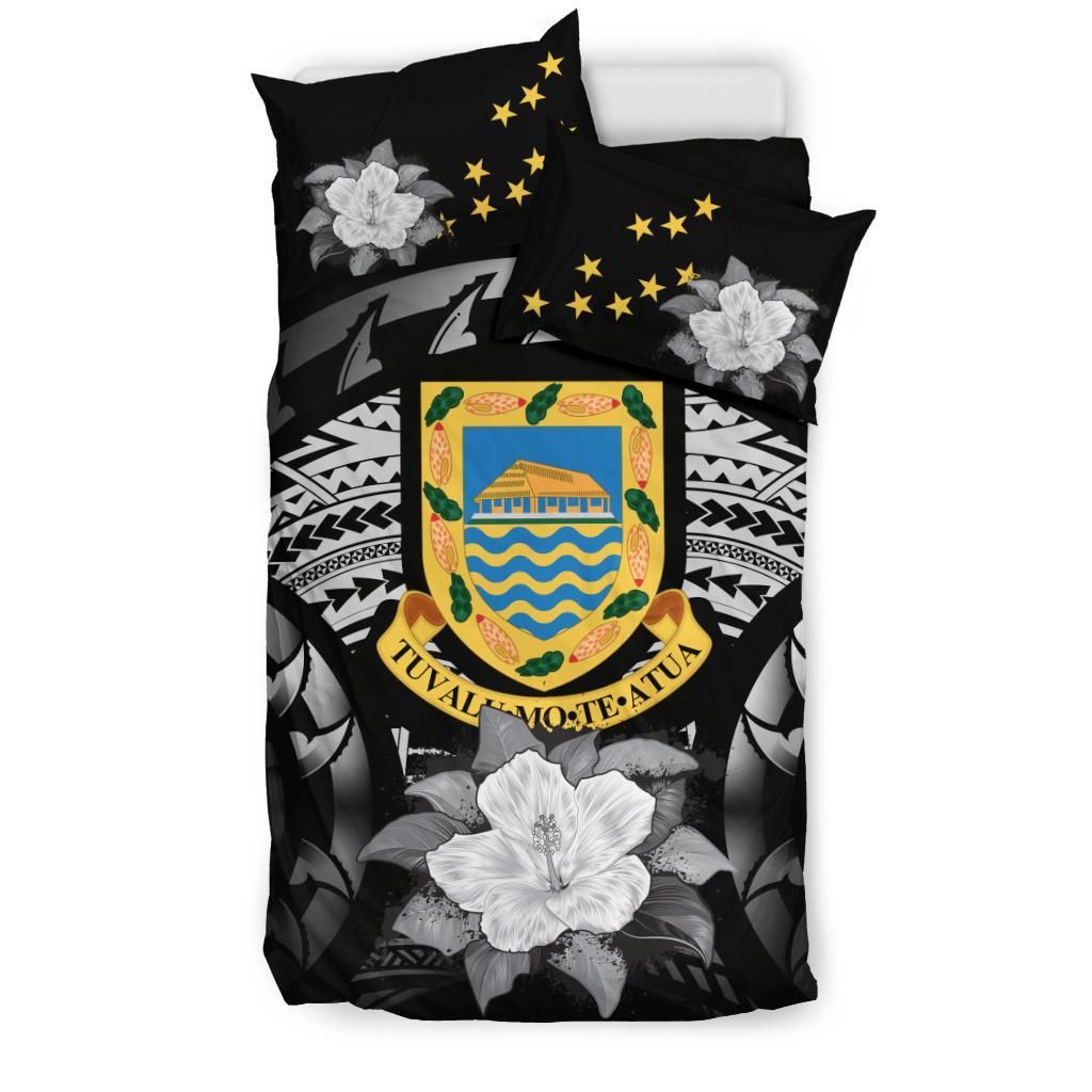 Tuvalu Duvet Cover Set - Tuvalu Coat Of Arms & Gray Hibiscus