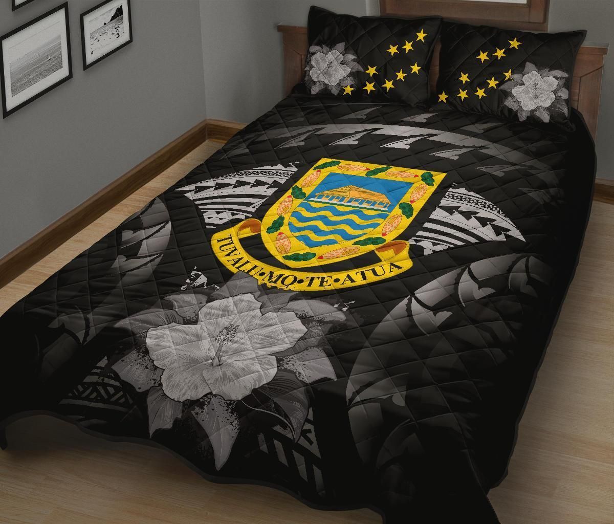 Tuvalu Polynesian Quilt Bed Set Hibiscus Gray