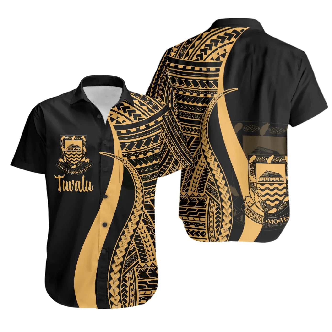 Tuvalu Short Sleeve Shirt - Gold Polynesian Tentacle Tribal Pattern