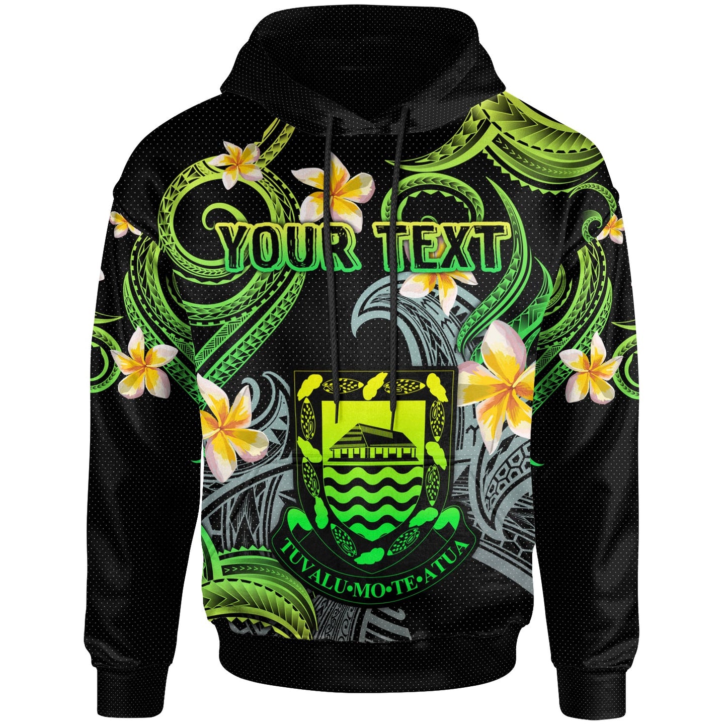 Tuvalu Hoodie - Custom Personalised Polynesian Waves with Plumeria Flowers (Green)