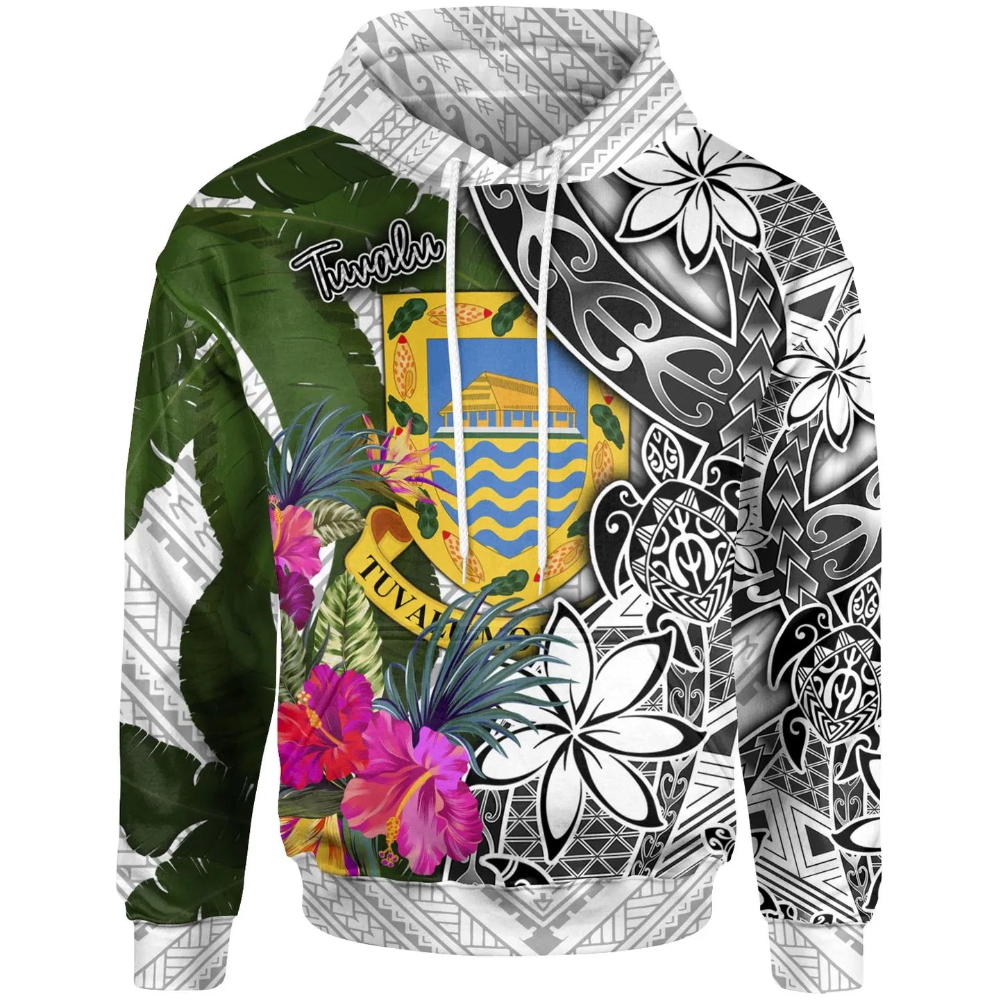 Tuvalu Hoodie White - Turtle Plumeria Banana Leaf