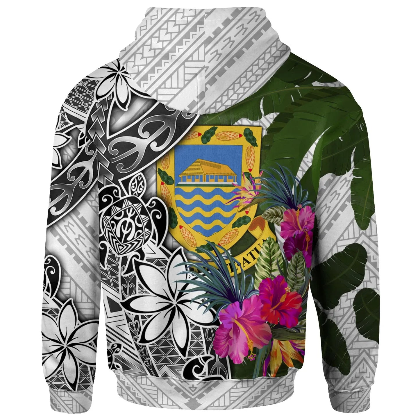 Tuvalu Hoodie White - Turtle Plumeria Banana Leaf
