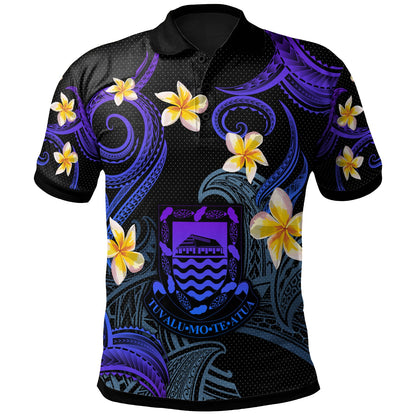 Tuvalu Polo Shirt - Custom Personalised Polynesian Waves with Plumeria Flowers (Blue)