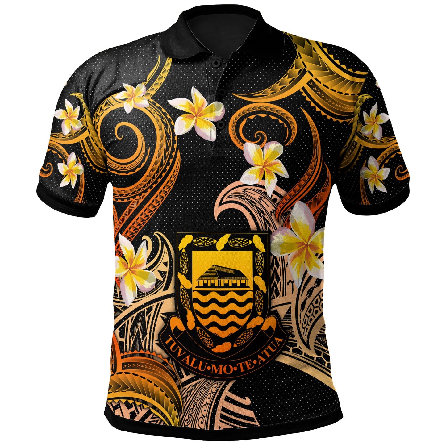 Tuvalu Polo Shirt - Custom Personalised Polynesian Waves with Plumeria Flowers (Orange)