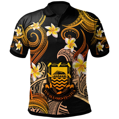 Tuvalu Polo Shirt - Custom Personalised Polynesian Waves with Plumeria Flowers (Orange)