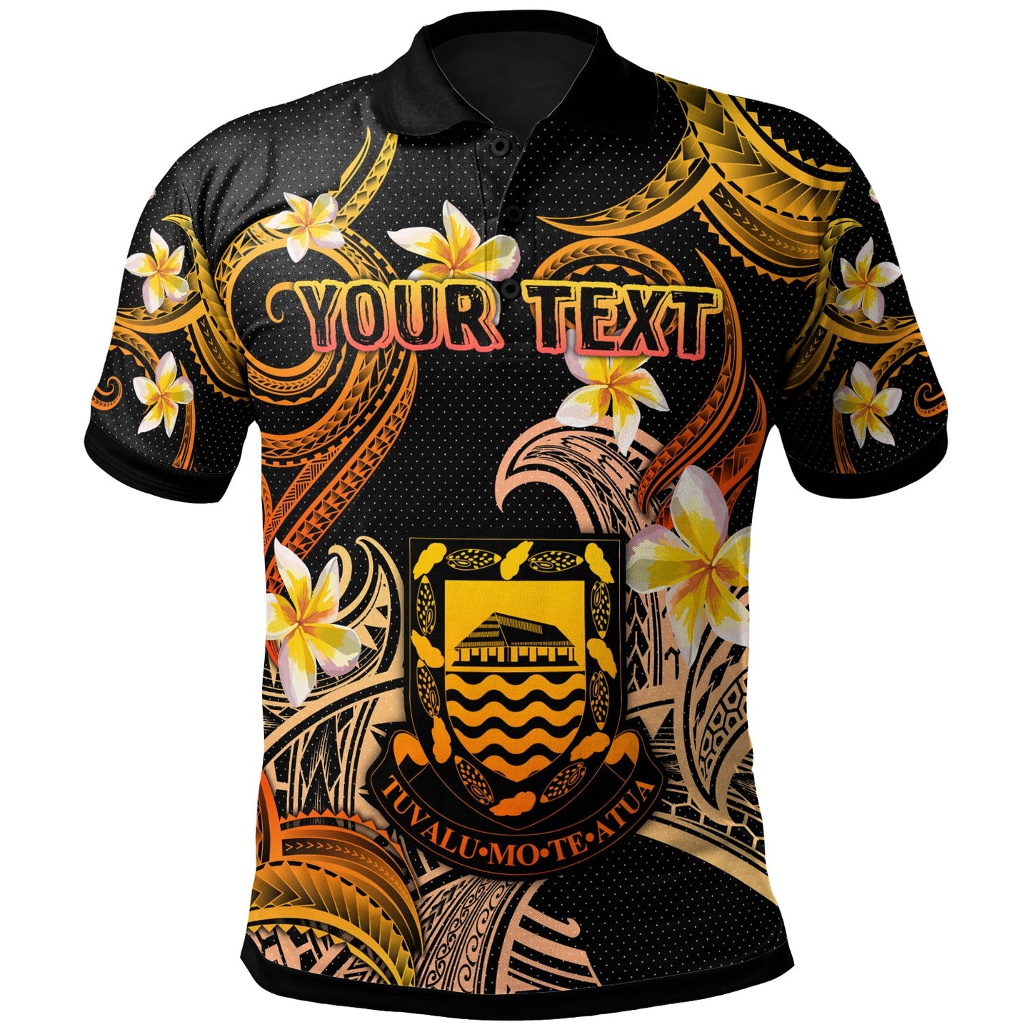 Tuvalu Polo Shirt - Custom Personalised Polynesian Waves with Plumeria Flowers (Orange)