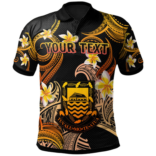 Tuvalu Polo Shirt - Custom Personalised Polynesian Waves with Plumeria Flowers (Orange)