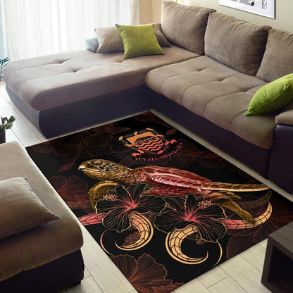 Tuvalu Polynesian Area Rugs - Turtle With Blooming Hibiscus Gold