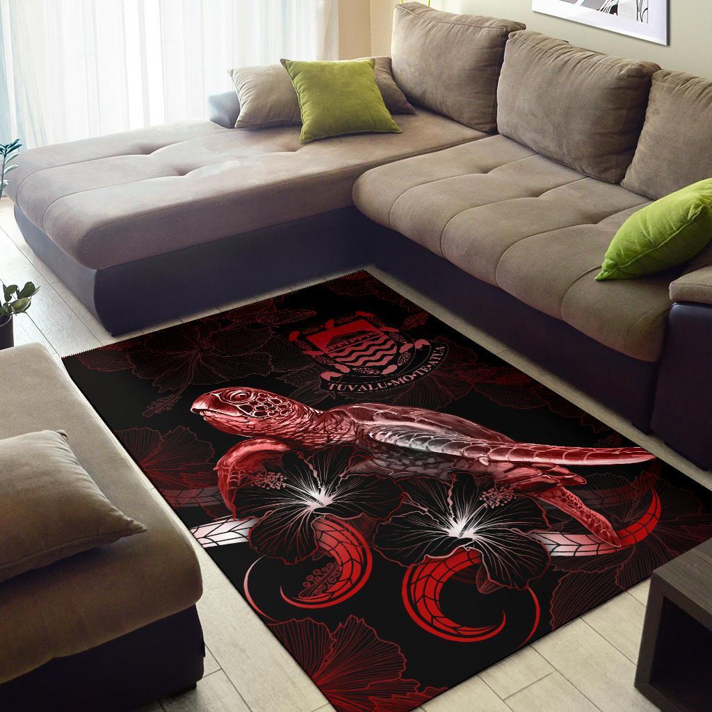 Tuvalu Polynesian Area Rugs - Turtle With Blooming Hibiscus Red