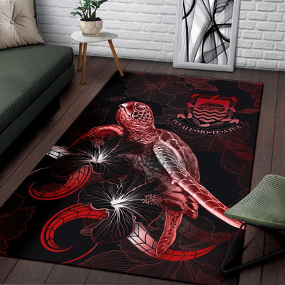 Tuvalu Polynesian Area Rugs - Turtle With Blooming Hibiscus Red