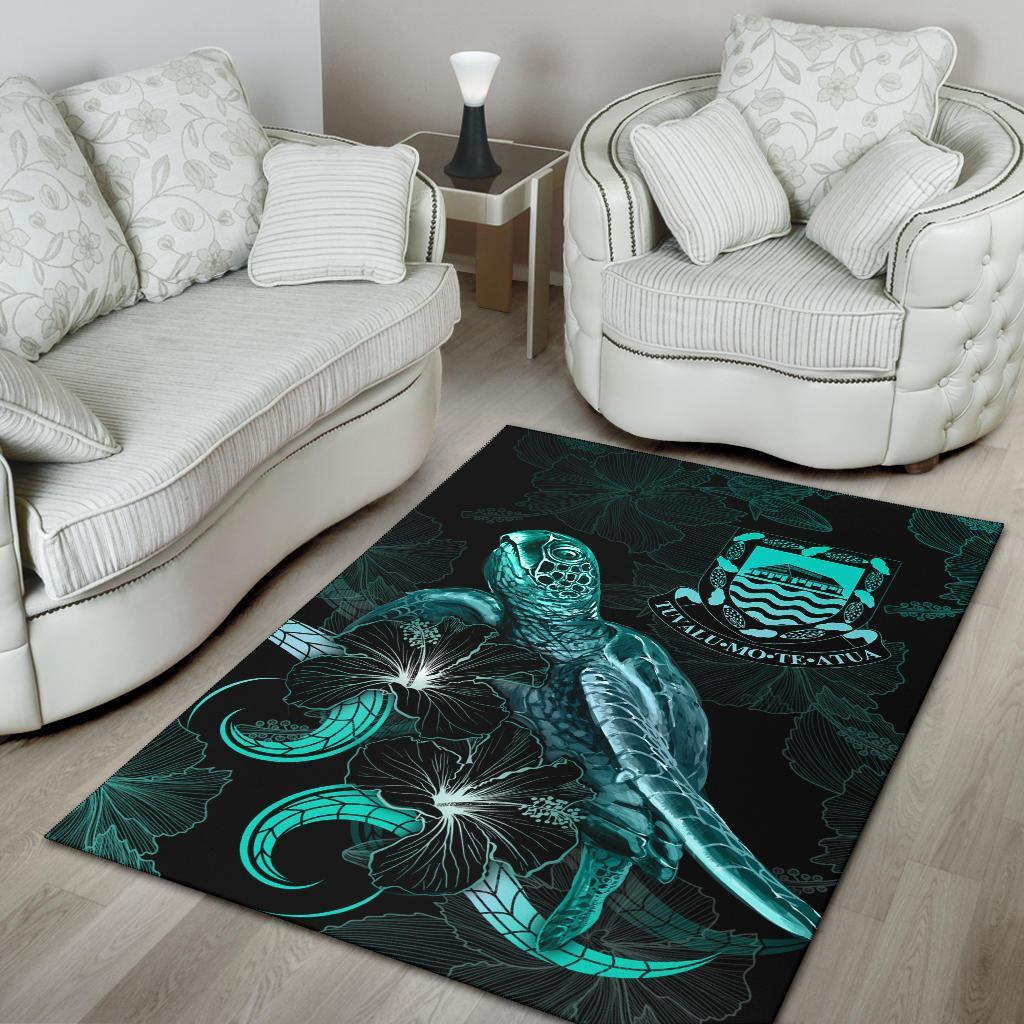 Tuvalu Polynesian Area Rugs - Turtle With Blooming Hibiscus Turquoise
