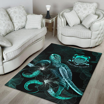 Tuvalu Polynesian Area Rugs - Turtle With Blooming Hibiscus Turquoise