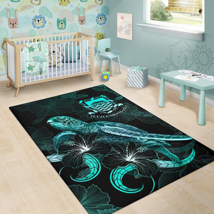 Tuvalu Polynesian Area Rugs - Turtle With Blooming Hibiscus Turquoise