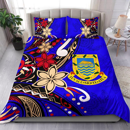 Tuvalu Polynesian Bedding Set - Tribal Flower With Special Turtles Blue Color